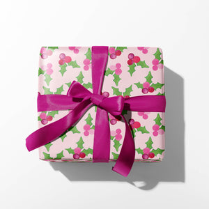 Pink Christmas Gift Wrap | Holly Berries on Pink Gift Wrap: Single Sheets