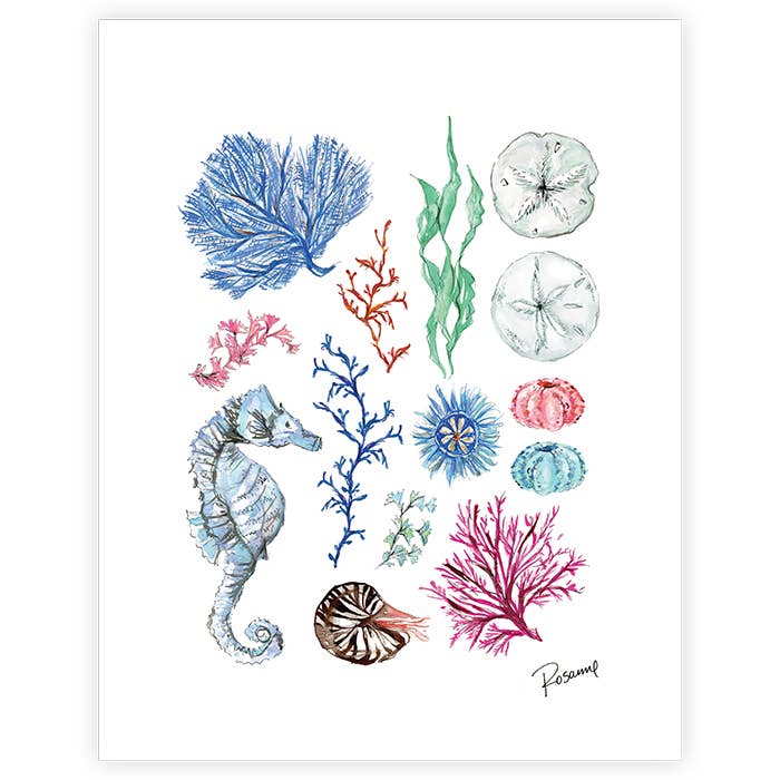 Handpainted Coastal Blue Coral with Seahorse Art Print