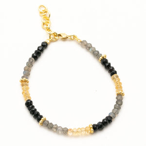 Tri Color Labradorite Black Onyx And Citrine Beaded Bracelet